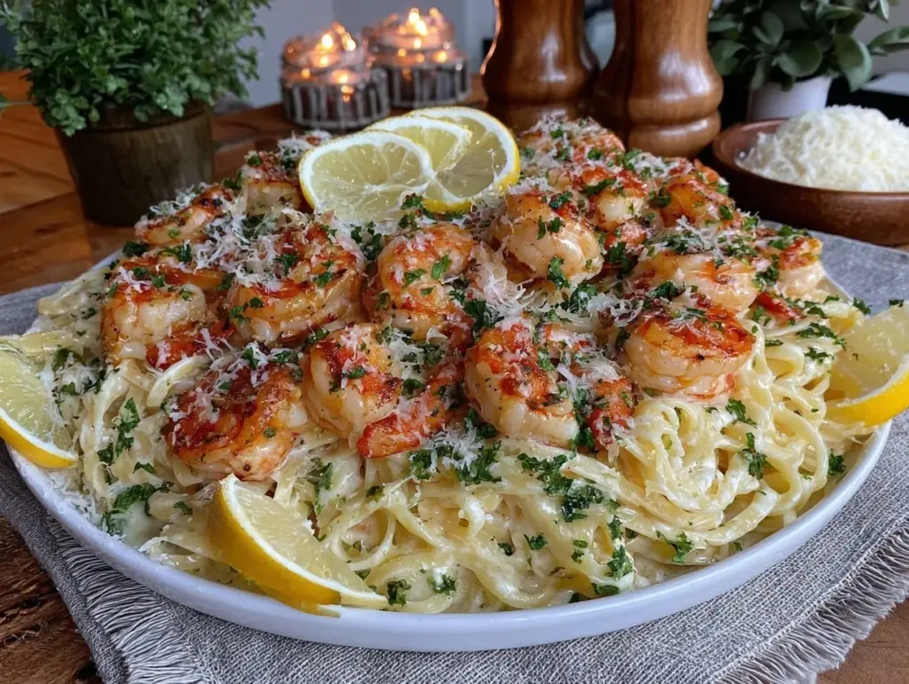 creamy lemon garlic shrimp linguine - featured image